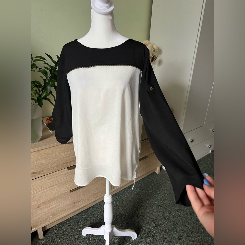 CALVIN KLEIN Black & White Colorblock Business Casual 3/4 Long Adjustable Sleeve - Picture 1 of 16